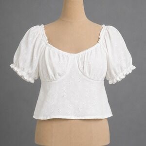 Boho Floral Eyelet Babydoll Peasant Top M White Milkmaid Cottagecore Puff Sleeve